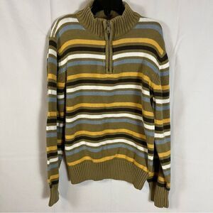 GYMBOREE Boys Long Sleeve Quarter Zip Striped Cotton Sweater Khaki & Blue M-7-8